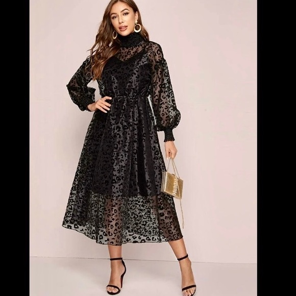 Leopard Organza Overlay Dress Shirred Neck - Picture 1 of 4